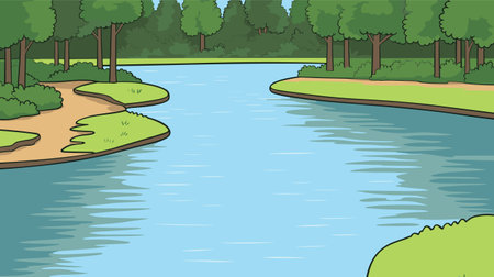 Cartoon landscape with river bay, water surface and river banks with green trees. Cozy place background vector illustrationのイラスト素材