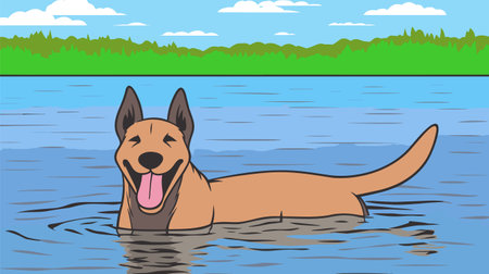 Happy smiling cartoon dog swimming in the river - vector illustrationのイラスト素材