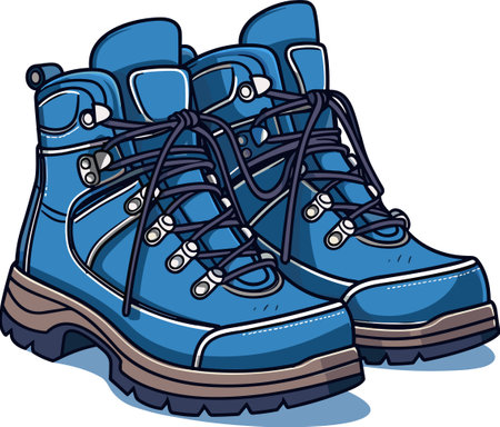 Modern hiking or tracking blue boots with laces. Colored vector illustration, trendy trekking shoes isolated on white backgroundのイラスト素材
