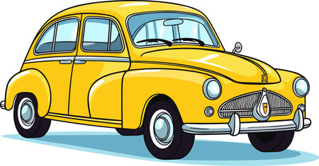 Retro style classic yellow car vector illustration with black outlines, isolatedのイラスト素材