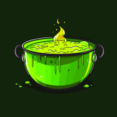Witch cauldron with bubbling liquid Magic potion. Symbol of witchcraft. Dark boiling cauldron. Traditional halloween element. Vector illustrationのイラスト素材