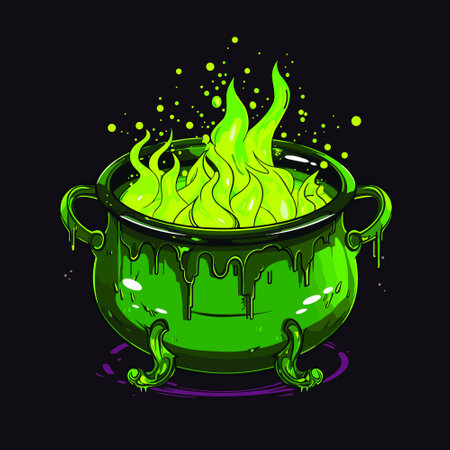 Witch cauldron with bubbling liquid Magic potion. Symbol of witchcraft. Dark boiling cauldron....
