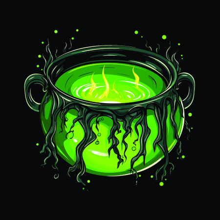 Witch cauldron with bubbling liquid Magic potion. Symbol of witchcraft. Dark boiling cauldron. Traditional halloween element. Vector illustrationのイラスト素材
