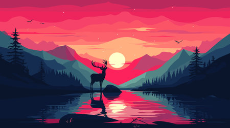 Mountain sunset landscape. Realistic pine forest and mountain silhouettes, evening wood panorama. Vector illustration wild nature backgroundのイラスト素材