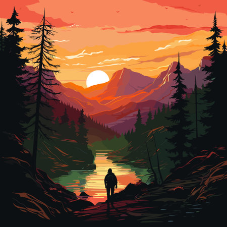 Mountain sunset landscape. Realistic pine forest and mountain silhouettes, evening wood panorama. Vector illustration wild nature backgroundのイラスト素材