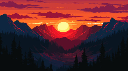 Mountain sunset landscape. Realistic pine forest and mountain silhouettes, evening wood panorama. Vector illustration wild nature backgroundのイラスト素材