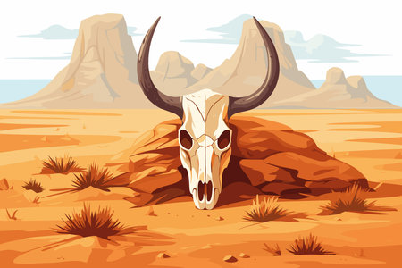 Cow skull in the desert at the hot sunny day, vector illustrationのイラスト素材