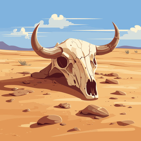 Cow skull in the desert at the hot sunny day, vector illustrationのイラスト素材