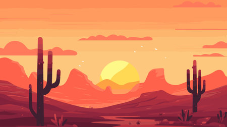 Desert sandy landscape with cactuses, sunset. Desert dunes vector background illustration.のイラスト素材