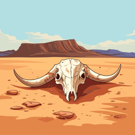 Cow skull in the desert at the hot sunny day, vector illustrationのイラスト素材
