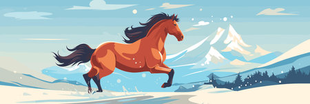 A horse with a fluttering mane gallops freely on a snowy plain, vector illustrationのイラスト素材