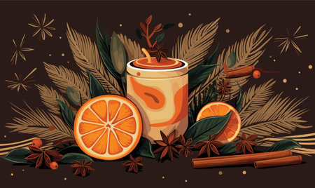 Orange, star anise cinnamon and candle vector background illustrationのイラスト素材