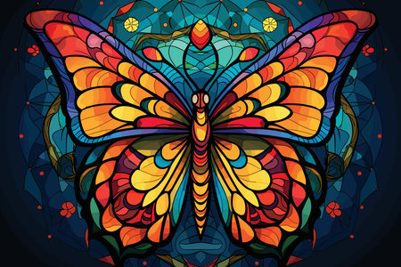 Bright motley butterfly vector illustration in stained glass styleのイラスト素材