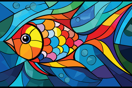 Bright motley cartoon fish vector illustration in stained glass styleのイラスト素材