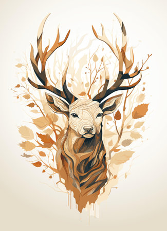 Beautiful deer with gorgeous antlers among autumn forest foliage, vector illustration in watercolor styleのイラスト素材