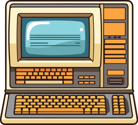 Cartoon retro computer monitor with keyboard. Retro vector illustration kitsch vintageのイラスト素材