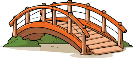 Wooden old bridge in cartoon style isolated on white background. Vector illustrationのイラスト素材