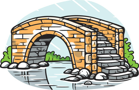 Old stone footbridge over river vector Illustration in cartoon styleのイラスト素材