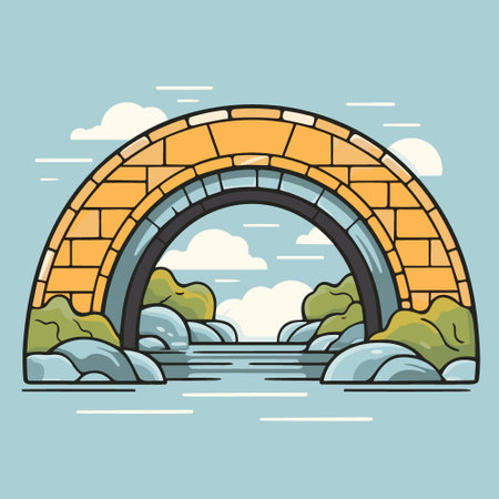 Old stone footbridge over river vector Illustration in cartoon styleのイラスト素材