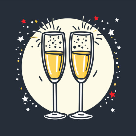Clink glasses champagne graphic icon. Cheers with two champagne glasses sign. Vector illustrationのイラスト素材