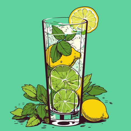Mojito in a glass. Alcohol or non-alcoholic cocktail. Classic cocktail with lime, mint and ice. Vector illustrationのイラスト素材