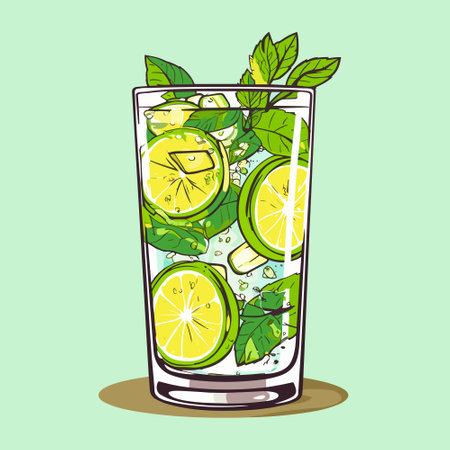 Mojito in a glass. Alcohol or non-alcoholic cocktail. Classic cocktail with lime, mint and ice. Vector illustrationのイラスト素材
