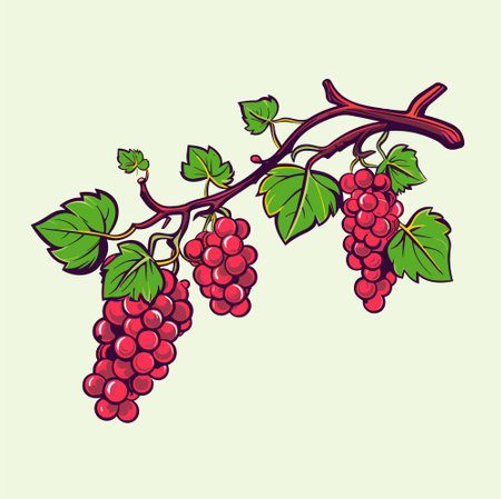 Grape vine or grape branch decorative element, vector illustration. Isolated hanging grape twig with green leaves and red berriesのイラスト素材