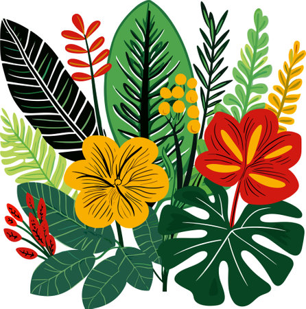 Abstract art tropical leaves bouquet vector illustration. Palm leaves, Jungle leaves, monstera leaf, exotic botanical floral theme.のイラスト素材