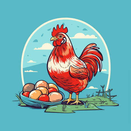 Cartoon hen incubates the eggs. Farm hen chicken vector illustration. Simple icon logo templateのイラスト素材