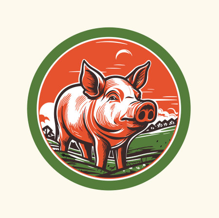 Pig, pork. Vintage logo icon template, retro print, poster for Butchery meat business, farmer shop. Vector Illustrationのイラスト素材