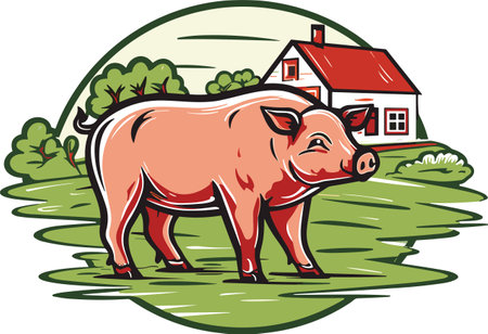 Pig, pork. Vintage logo icon template, retro print, poster for Butchery meat business, farmer shop. Vector Illustrationのイラスト素材