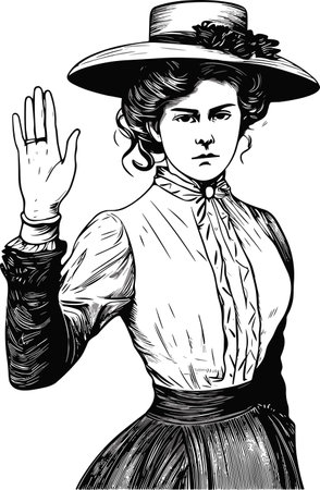 A retro-looking woman shows a stopping gesture with her hand, stop sign. Vector black vintage engraved illustration isolated on white backgroundのイラスト素材