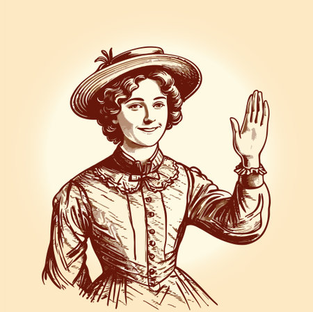 A young smiling retro-looking woman waves her hand in greeting. Vector black vintage engraved illustration isolated on white backgroundのイラスト素材