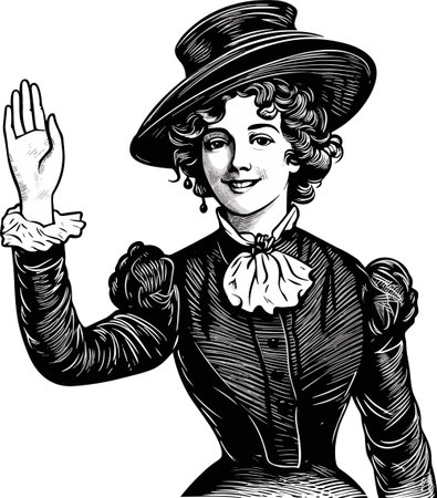 A young smiling retro-looking woman waves her hand in greeting. Vector black vintage engraved illustration isolated on white backgroundのイラスト素材