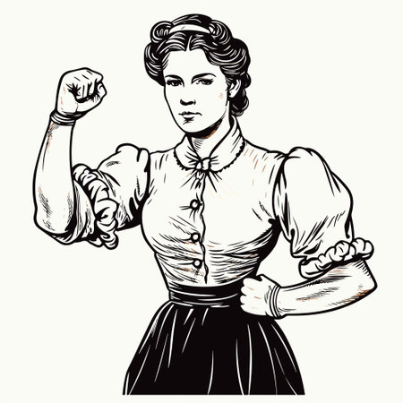 A serious retro looking woman shows a clenched fist. Vector black vintage engraved illustration of protest.のイラスト素材