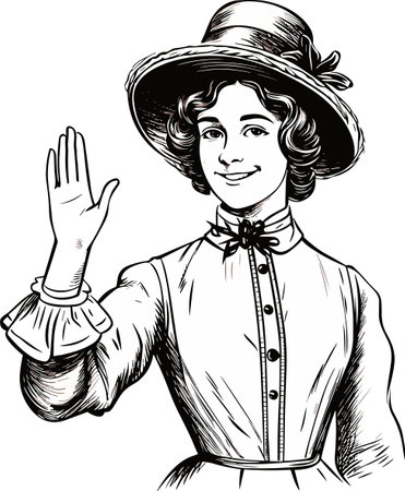 A young smiling retro-looking woman waves her hand in greeting. Vector black vintage engraved illustration isolated on white backgroundのイラスト素材