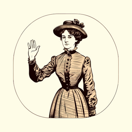 A retro-looking woman shows a stopping gesture with her hand, stop sign. Vector black vintage engraved illustration isolated on white backgroundのイラスト素材