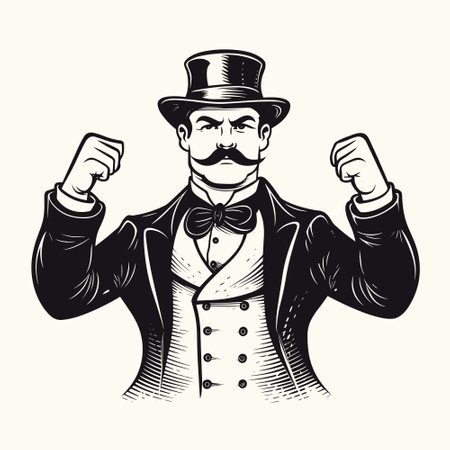Retro style strongman in retro clothes and top hat shows his strength by clenching his fists menacingly and showing off his biceps, vector illustrationのイラスト素材