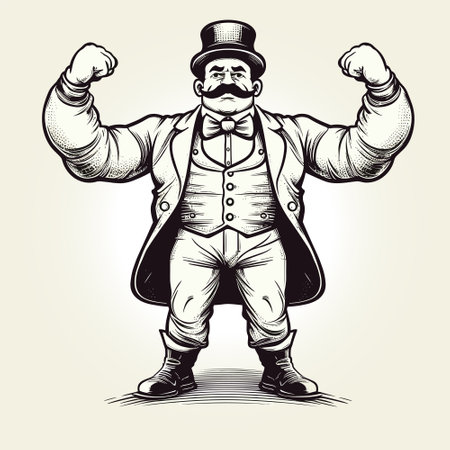 Retro style strongman in retro clothes and top hat shows his strength by clenching his fists menacingly and showing off his biceps, vector illustrationのイラスト素材