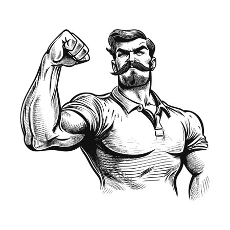 Young strong man shows his strength by clenching his fists and showing off his biceps, vector illustrationのイラスト素材