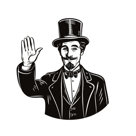 Gentleman in bowler hat and coat raises his right hand in warning. Vintage engraving style. Victorian Era vector illustrationのイラスト素材