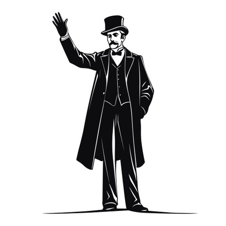 Gentleman in bowler hat and coat raises his right hand in warning. Vintage engraving style. Victorian Era vector illustrationのイラスト素材
