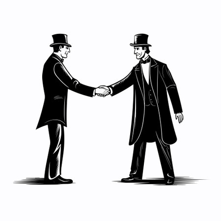 Handshake of two retro style men in vintage clothes and top hats, vector black and white illustration in engraving styleのイラスト素材