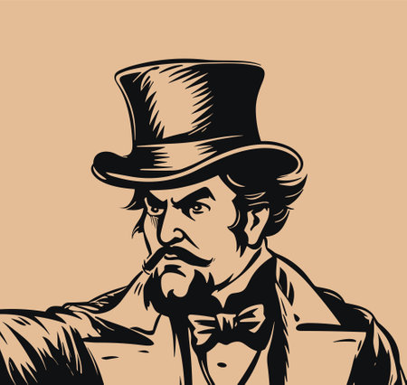Portrait of man in vintage clothes. Victorian gentleman in cylinder. Black white engraving vector illustrationのイラスト素材