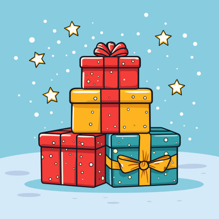 Happy New Year and Merry Christmas, birthday cartoon gift boxes Vector illustrationのイラスト素材