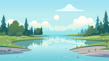 Cartoon landscape with river bay, water surface and river banks with trees. Cozy place background vector illustrationのイラスト素材