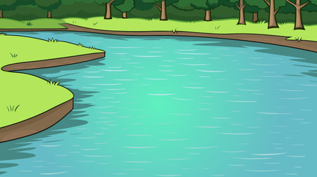 Cartoon landscape with river bay, water surface and river banks with trees. Cozy place background vector illustrationのイラスト素材