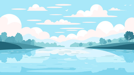 Cartoon landscape with river bay, water surface and river banks with trees. Cozy place background vector illustrationのイラスト素材