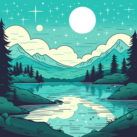 Cartoon landscape with river bay, water surface and river banks with trees. Cozy place background vector illustrationのイラスト素材