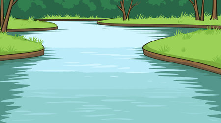 Cartoon landscape with river bay, water surface and river banks with trees. Cozy place background vector illustrationのイラスト素材